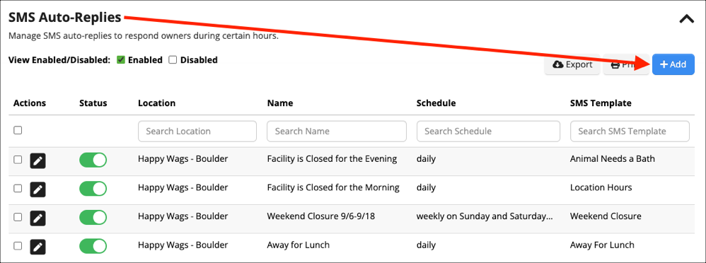 SMS Auto-Replies management interface