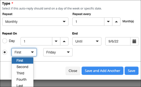 Auto-reply scheduling options interface.