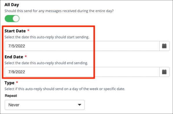 Auto-reply settings with start and end dates.