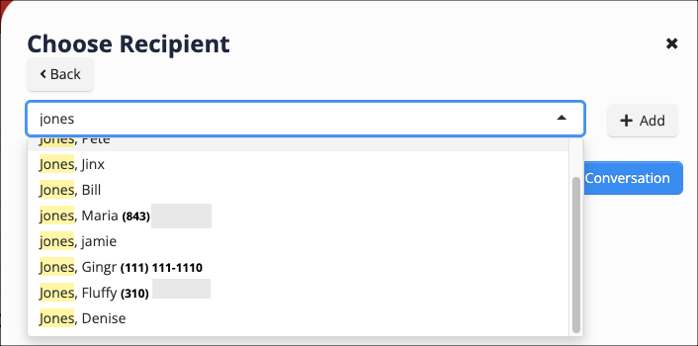 Contact selection dropdown menu.