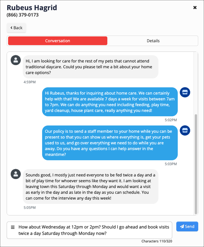 Chat about pet care services and scheduling.