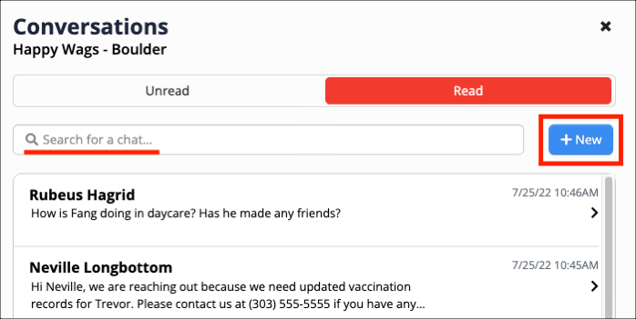 Chat interface with message list and search bar.