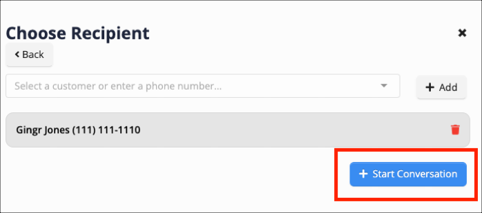 Choose Recipient screen with Start Conversation button.