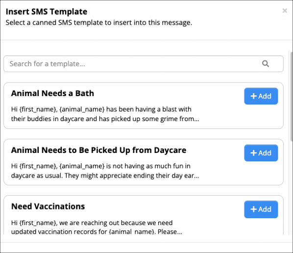 SMS template selection interface