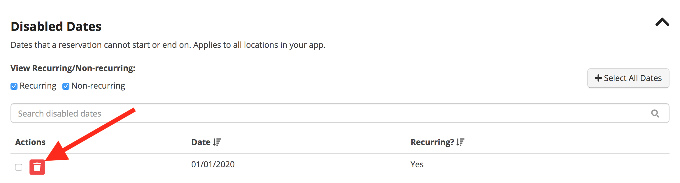 Disabled Dates interface with delete icon.