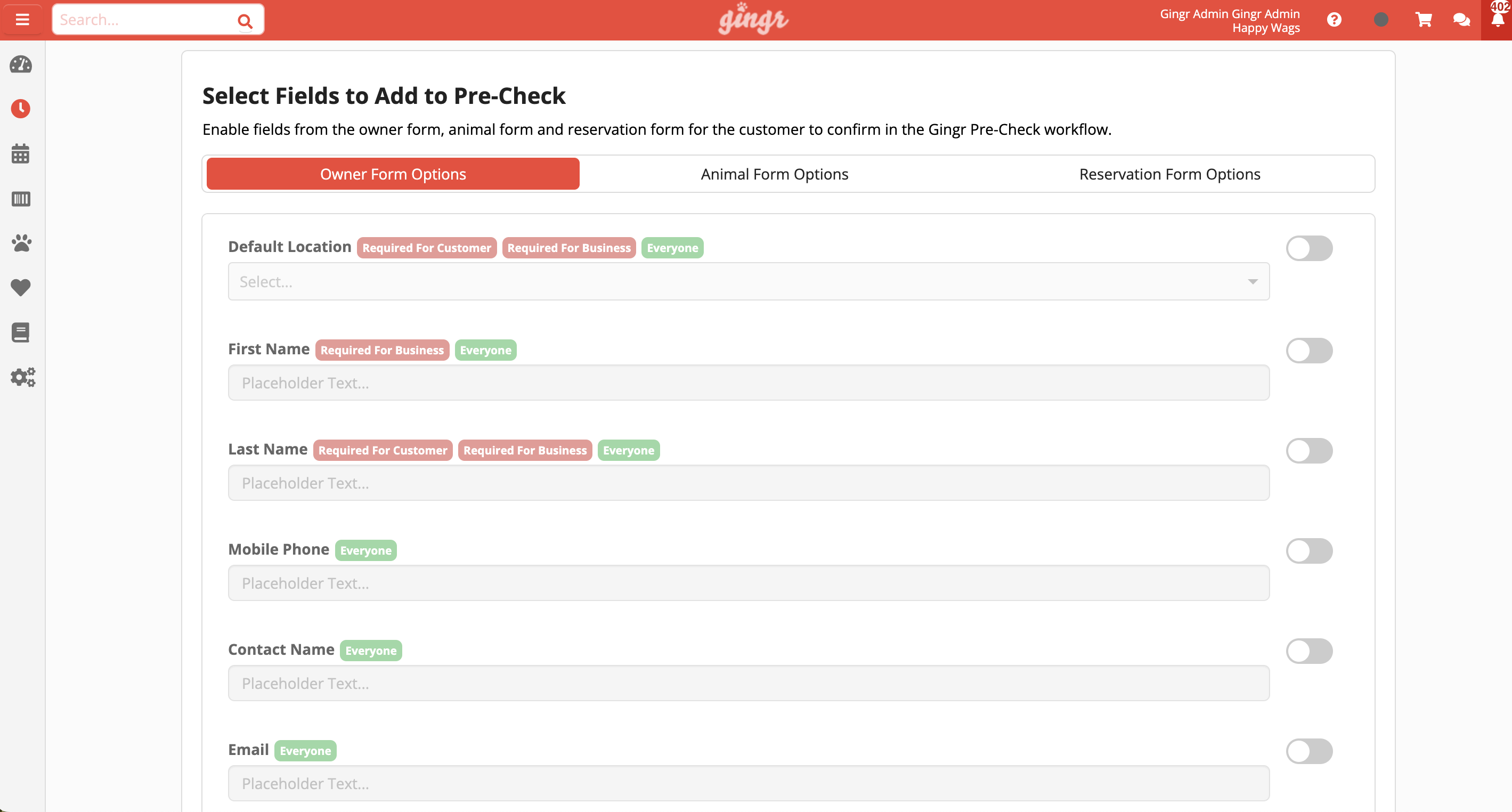 Form field selection interface