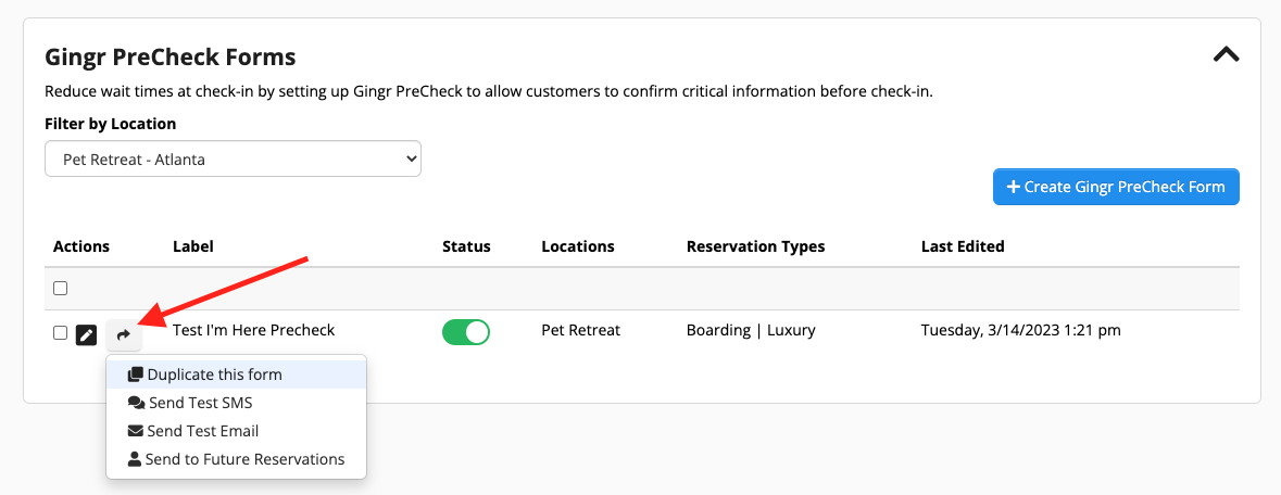 Form options dropdown menu with arrow.