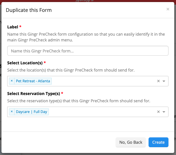 Form duplication settings window.