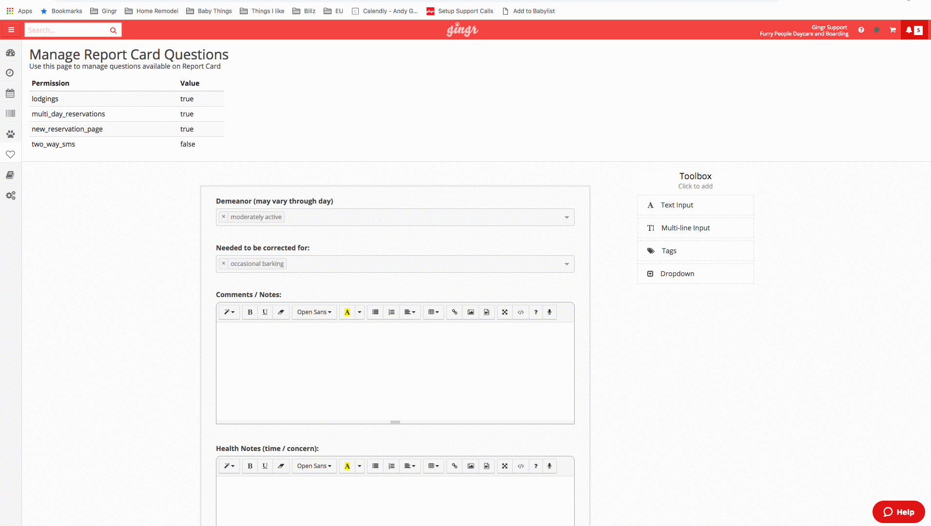 Manage Report Card Questions interface