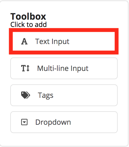 Toolbox options: Text, Multi-line, Tags, Dropdown