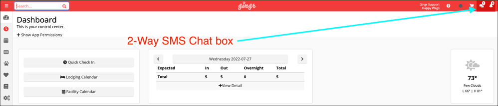Dashboard with 2-Way SMS Chat box highlighted.