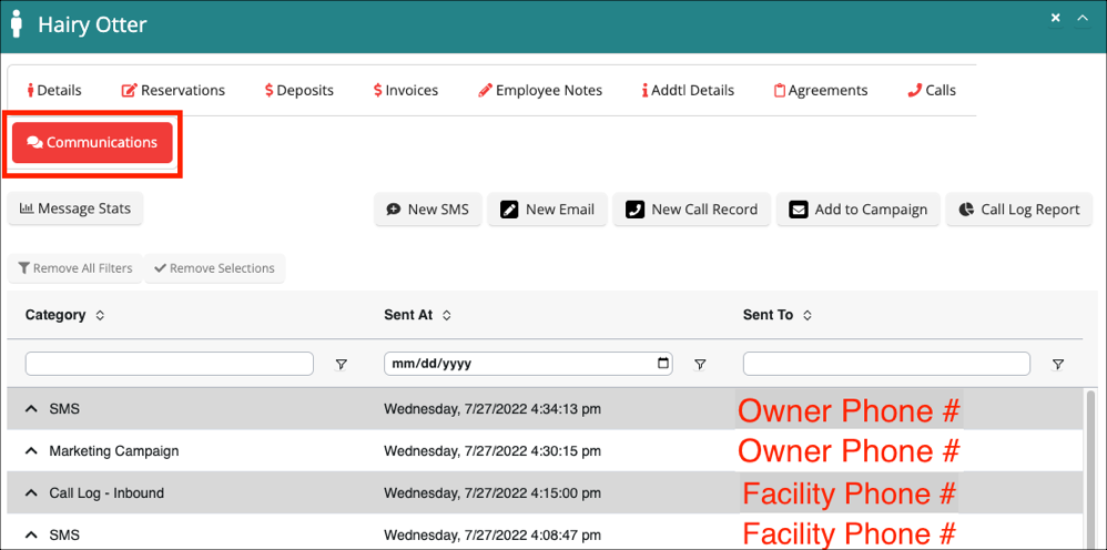 Communications tab with message options.