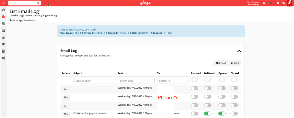 Email log interface with email statistics.