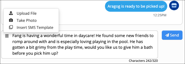 Text messages about pet daycare updates.