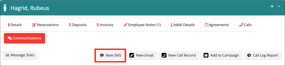 Communications dashboard with SMS option highlighted.