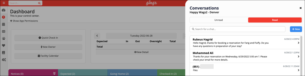 Dashboard with conversation panel open.