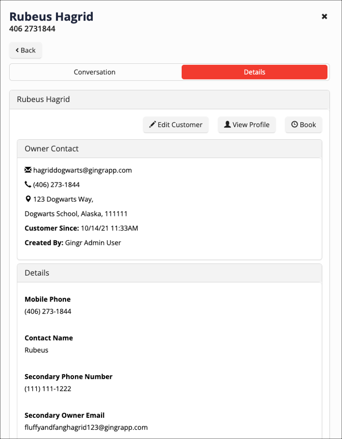 Customer contact details page