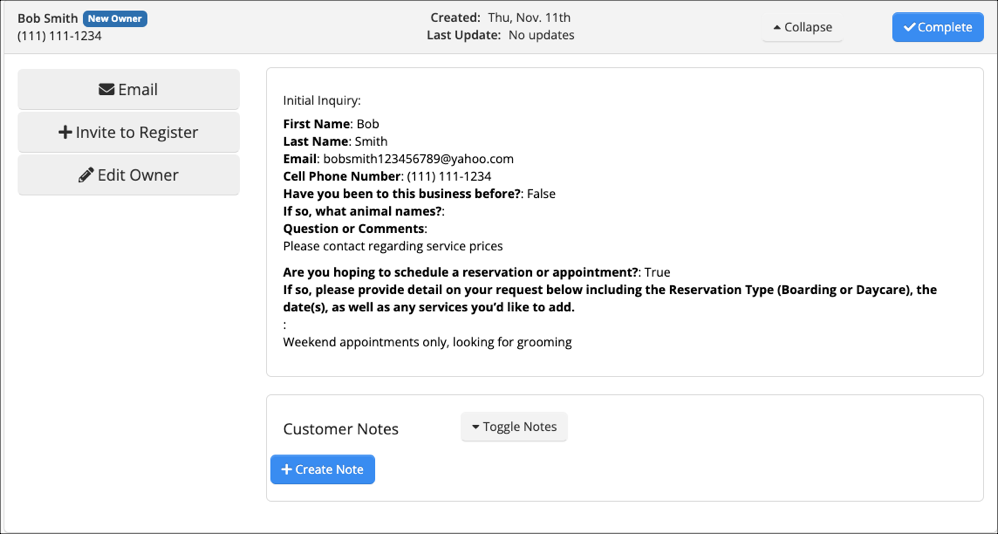 Customer inquiry form with contact details.