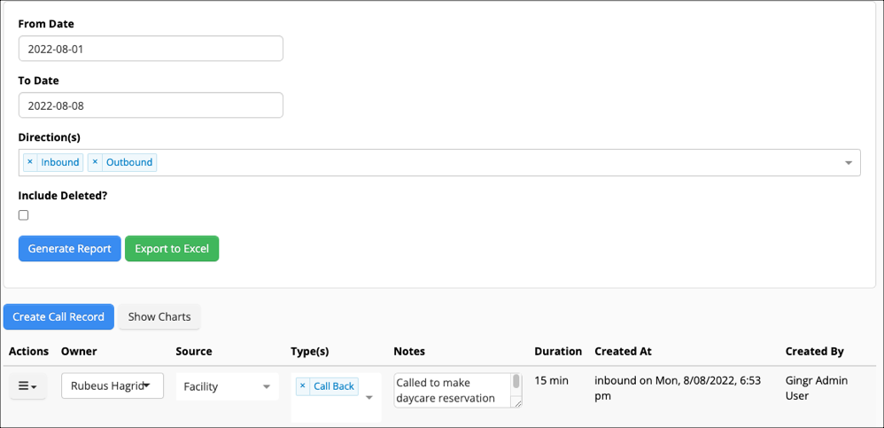 Call record interface with filters and options.