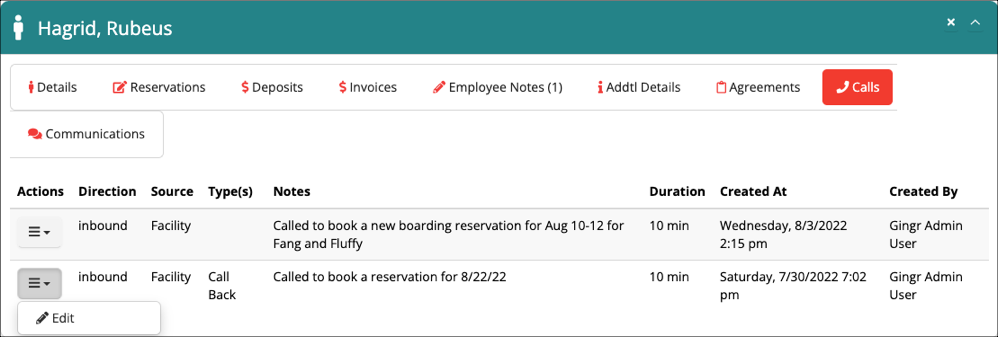 Call log with reservation details