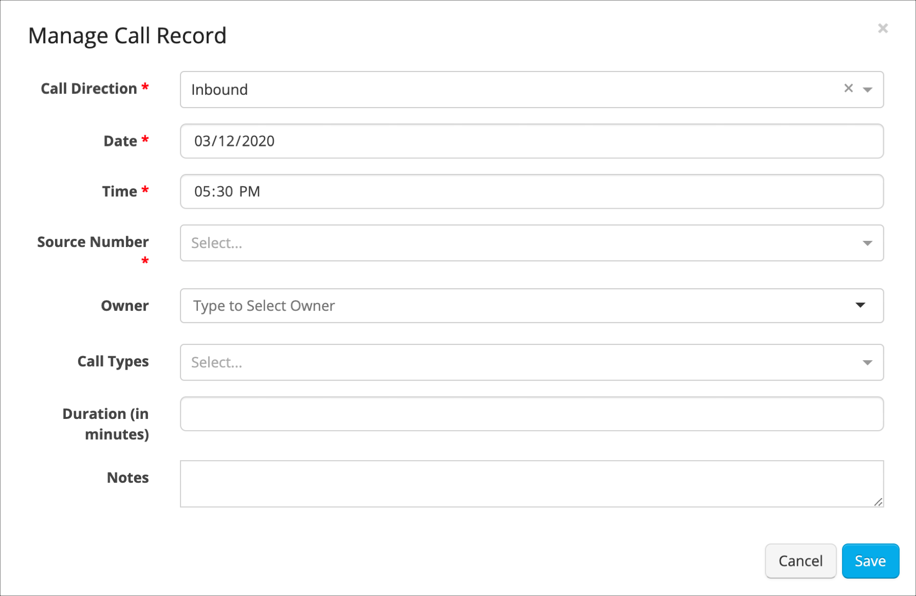 Call record management form interface.