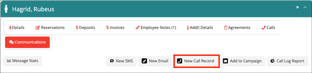 Communications dashboard with call record option.