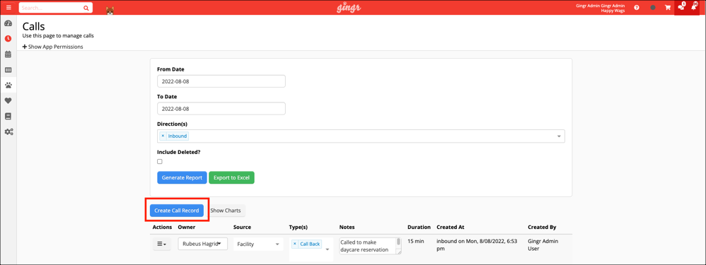 Call management interface with form fields.