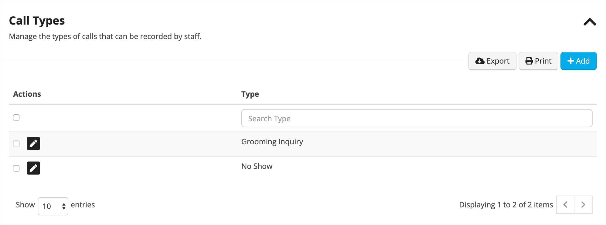 Call types management interface.
