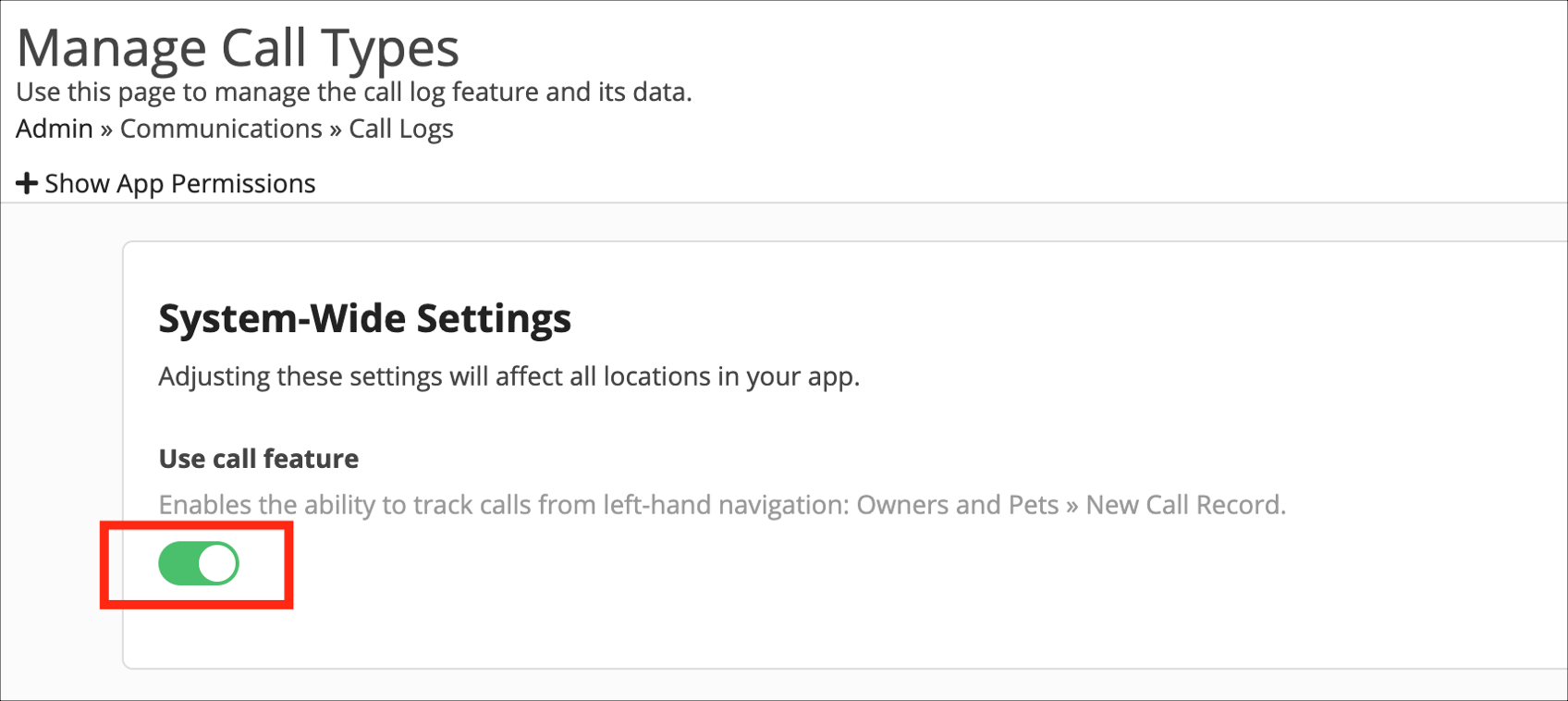 Manage Call Types settings page