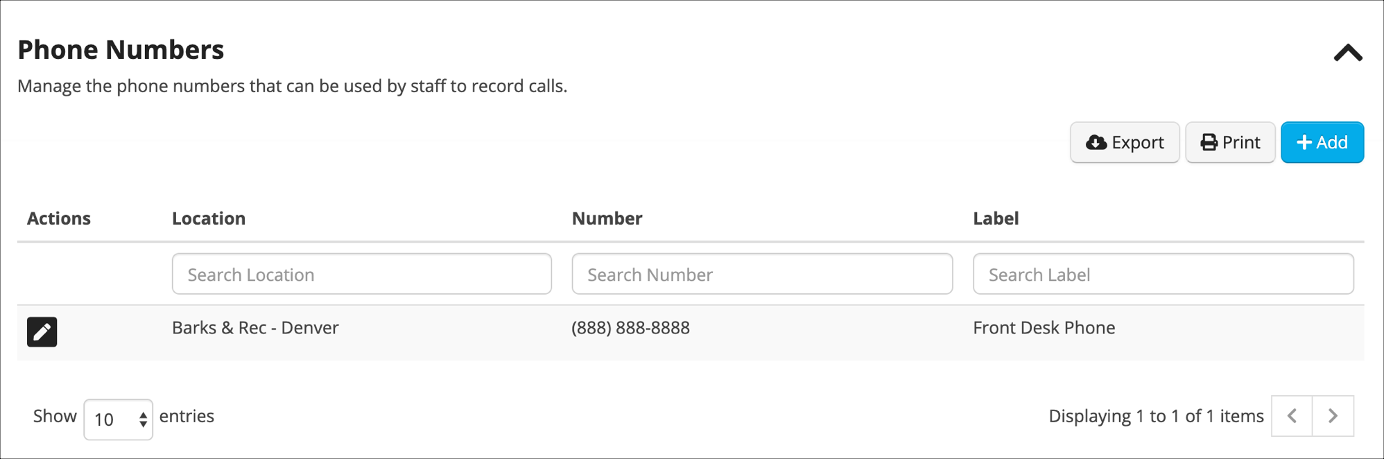 Phone numbers management interface
