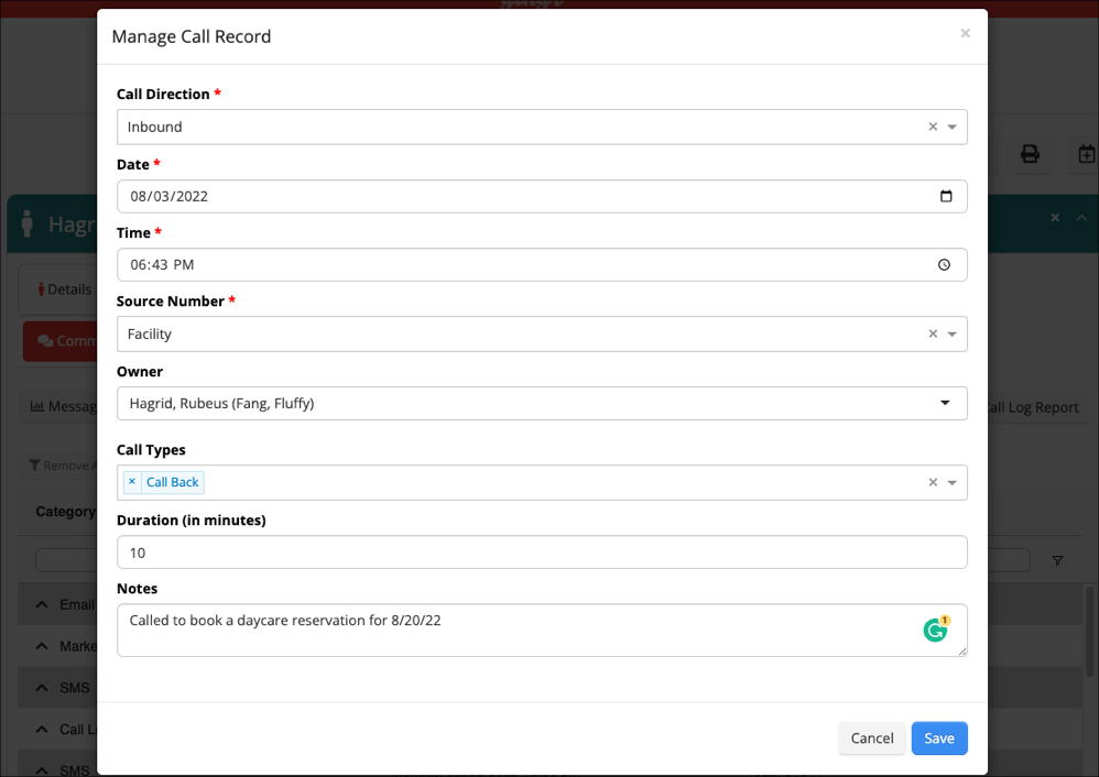 Call record management form interface.