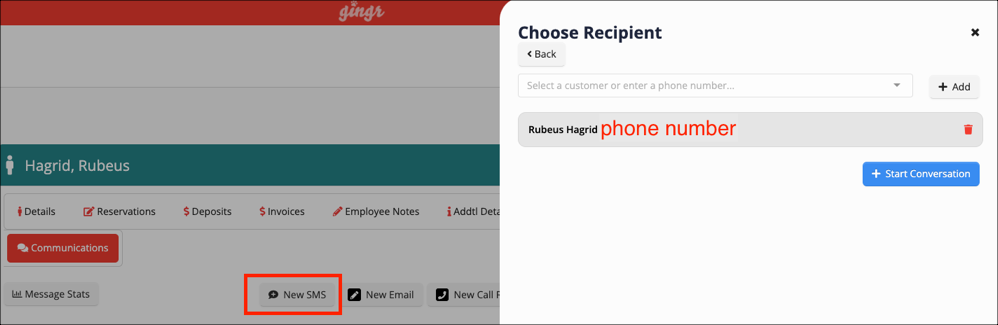 Choose Recipient" SMS interface screen.
