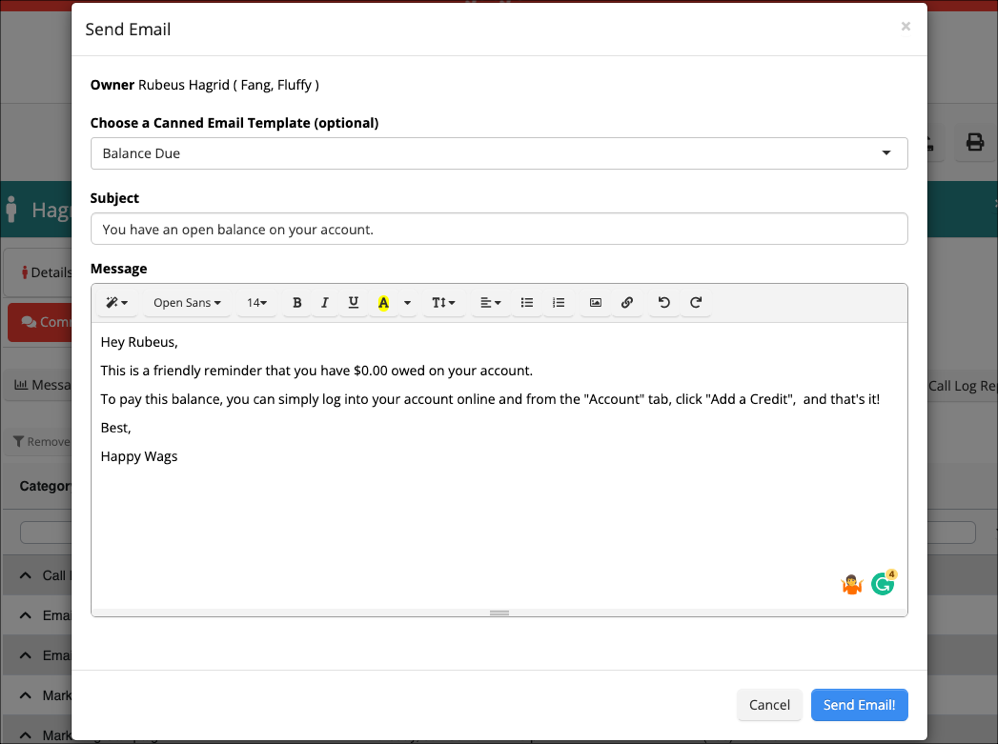 Email draft for account balance reminder.