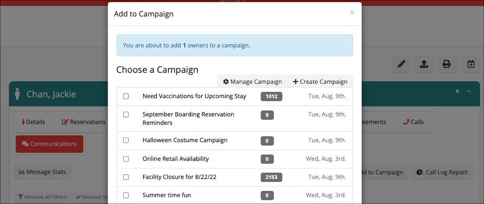 Add to Campaign" selection window.