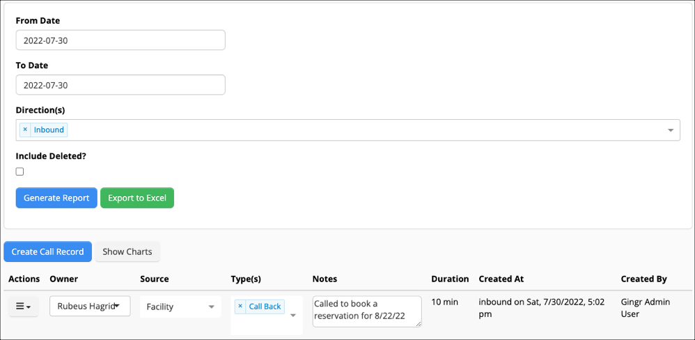 Call record form with date and details fields.