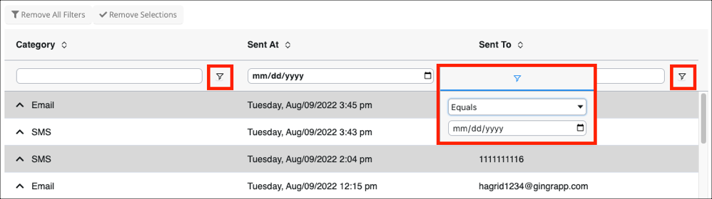 Email and SMS filter table interface.