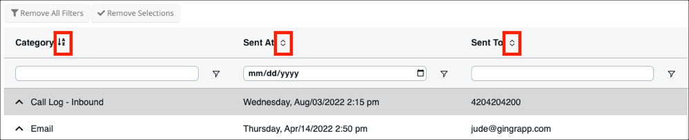 Communication log with filters and entries.