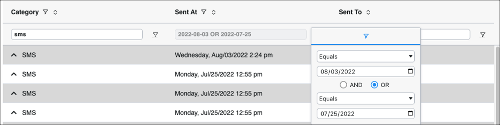 SMS filter and date selection interface.