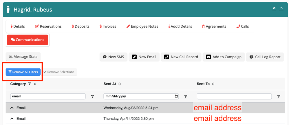 Communications dashboard with email records.