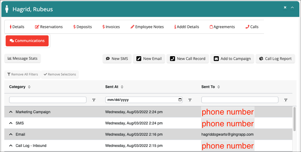 Communications dashboard with message list.