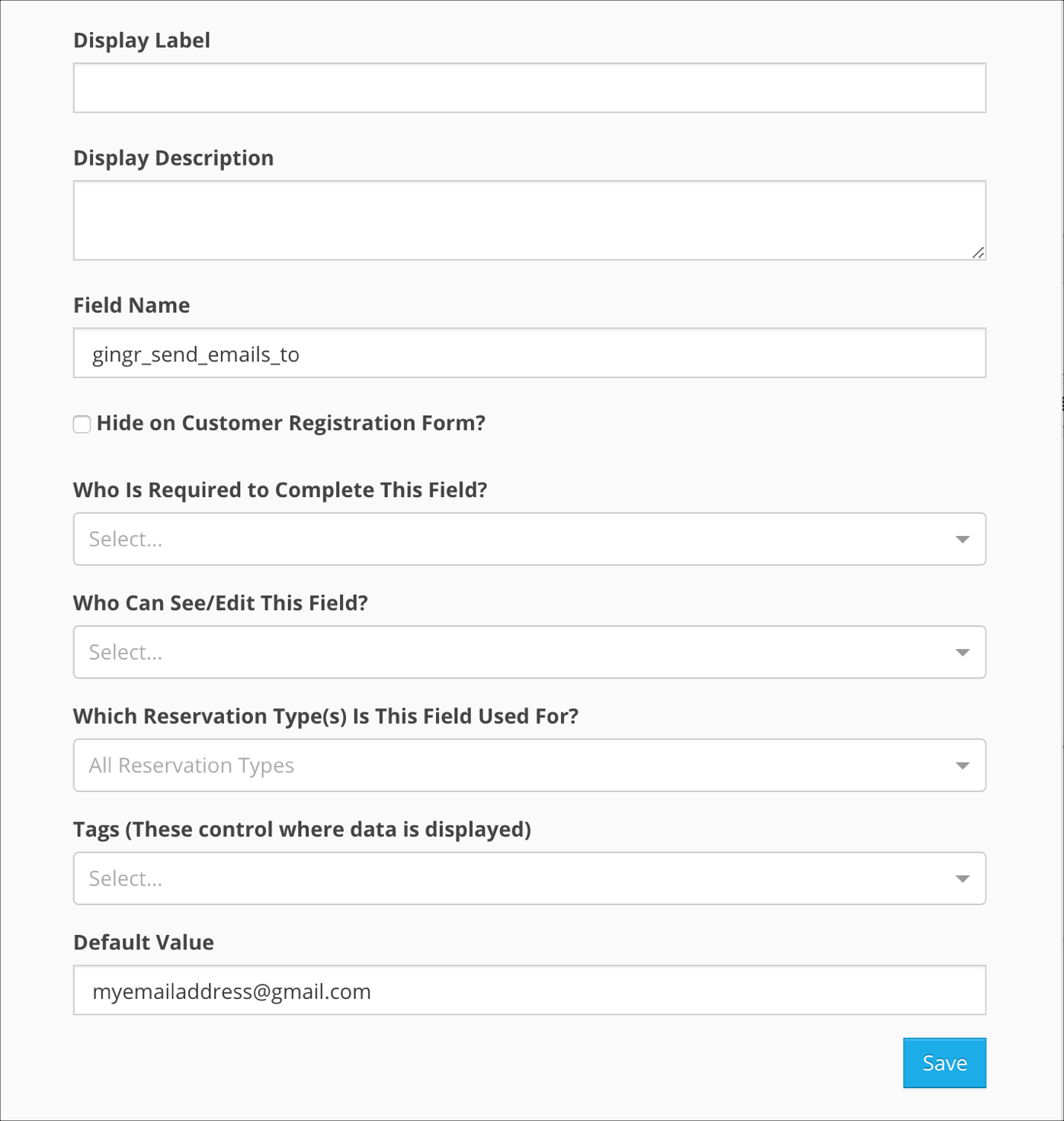 Form settings with email field and options.