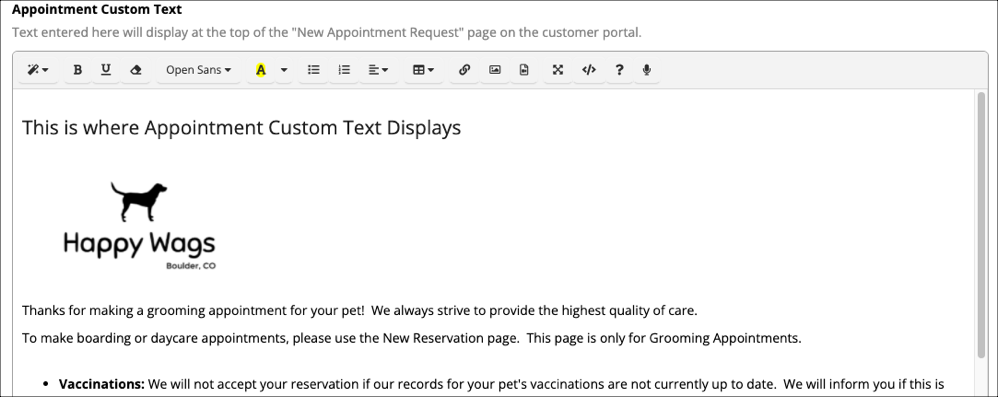 Happy Wags appointment text display page.