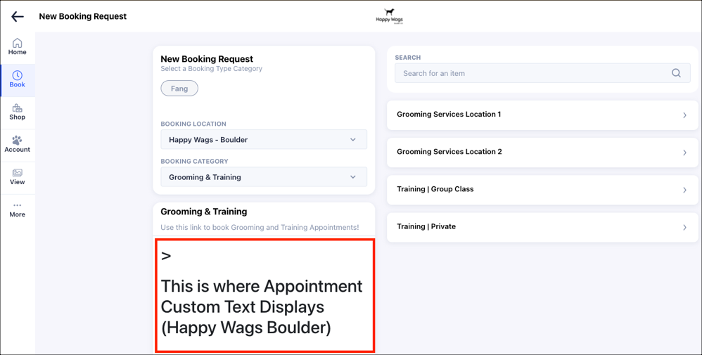 Booking request screen with custom text display.