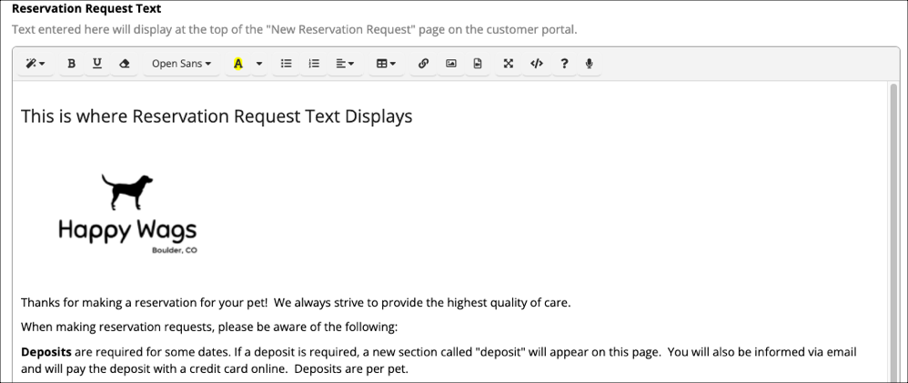 Happy Wags reservation request information page.