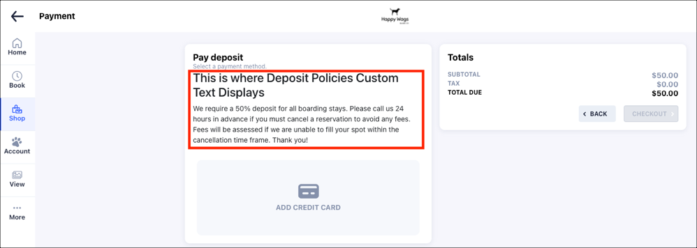 Payment page with deposit policy details.