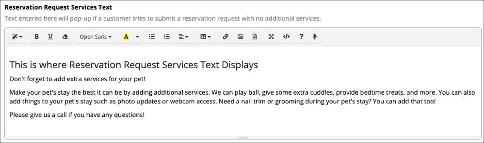 Reservation request services text editor