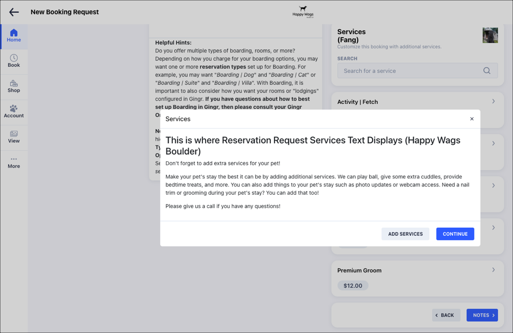 Reservation request services text display.