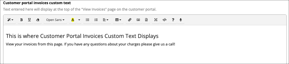 Customer portal invoice text editor interface.