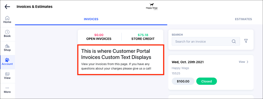 Invoice portal with custom text display.