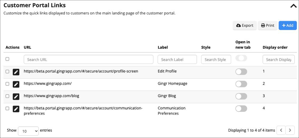 Customer portal links management table